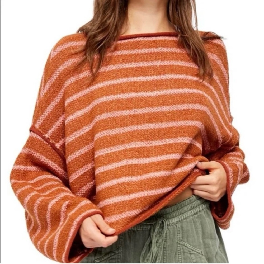 Free People Women's Sweater Bardot Terry Cotton
Blend Striped Orange Pink Small - Picture 4 of 15